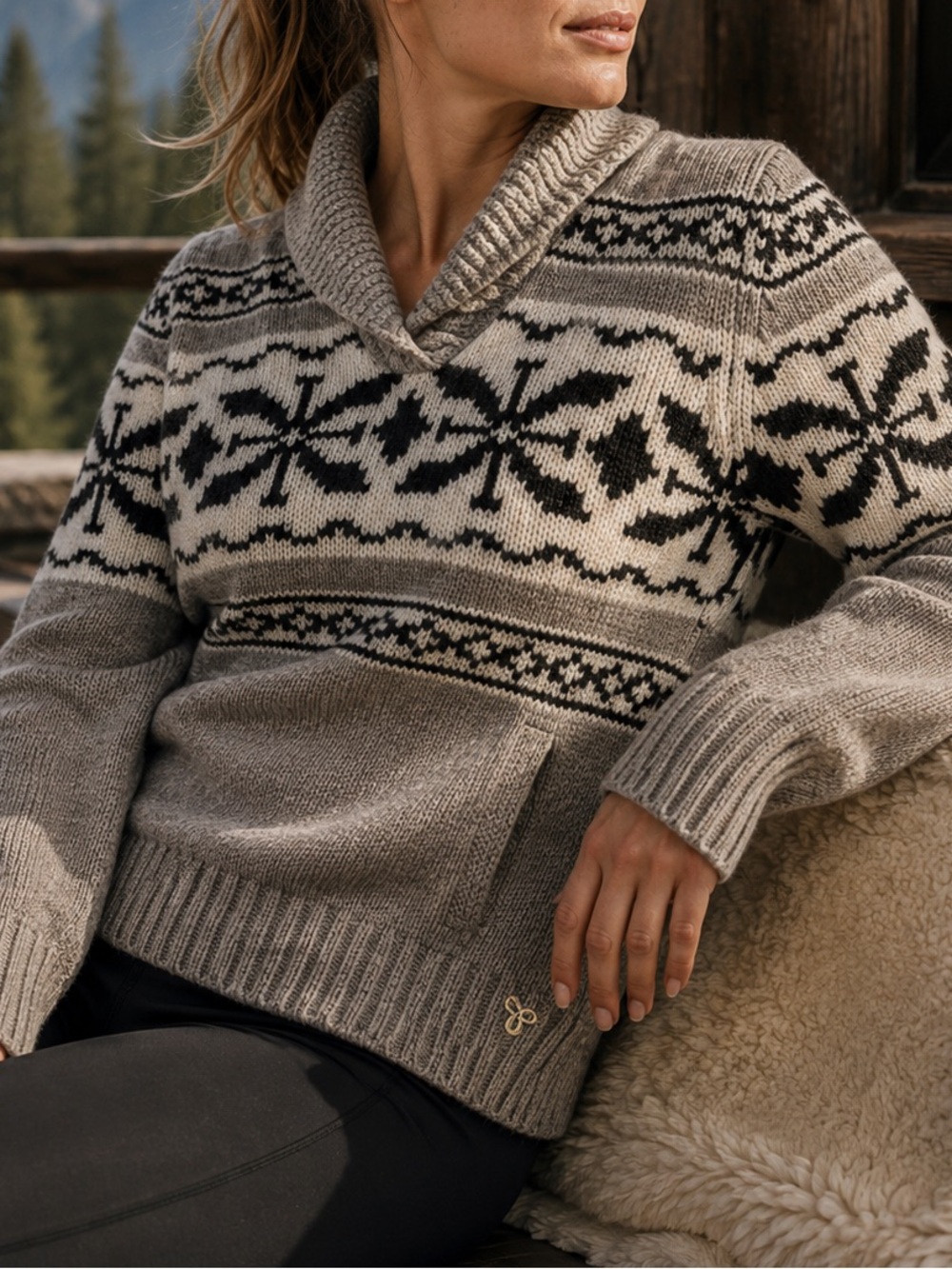 Cozy Shawl-Collar Fair Isle Sweater - Gray/Cream